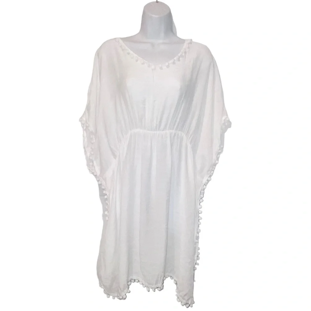 ✨NEW✨ Pom Pom Boho White Beach Swimsuit Side Slits CoverUp Top - OS - Picture 8 of 9